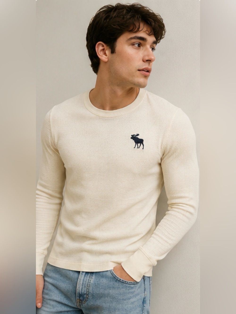 Abercrombie & Fitch Cream Crewneck Sweater with Navy Moose Logo